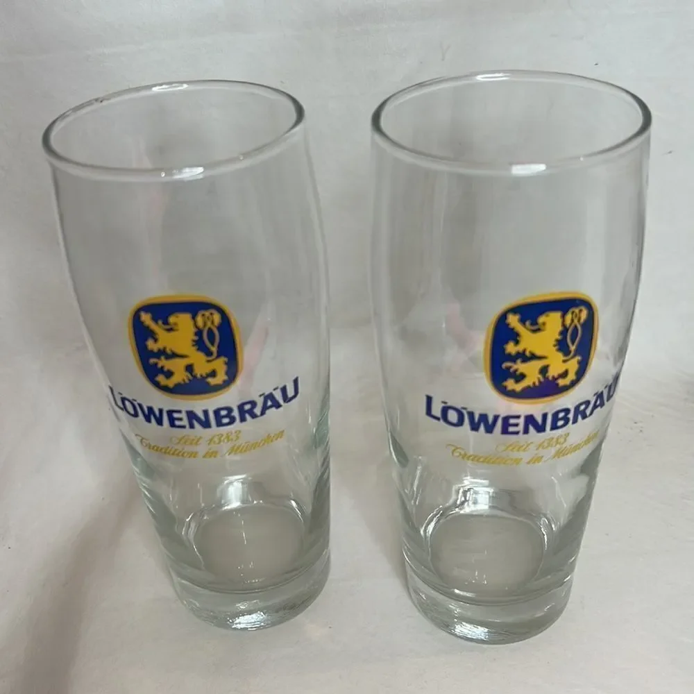 Lowenbrau Beer Glass 20 Oz Each Set 2 Included 7 1/4 Inches Tall 3 Inches Round